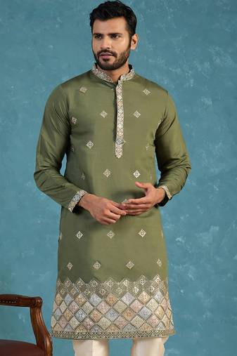 Mens silk blend green solid embroidered calf length straight kurta with trousers