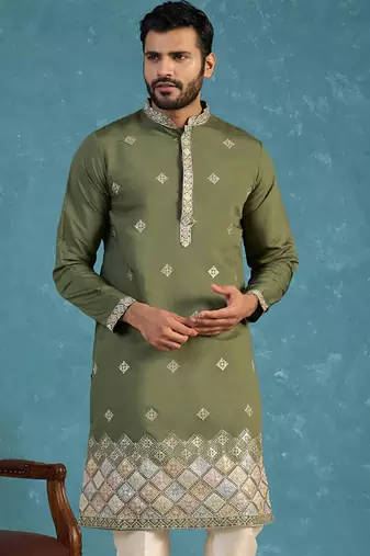 Mens silk blend green solid embroidered calf length straight kurta with trousers