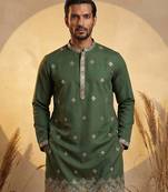Mens silk blend green solid embroidered calf length straight kurta with trousers
