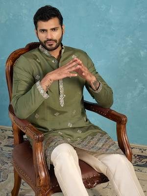 Mens silk blend green solid embroidered calf length straight kurta with trousers 2