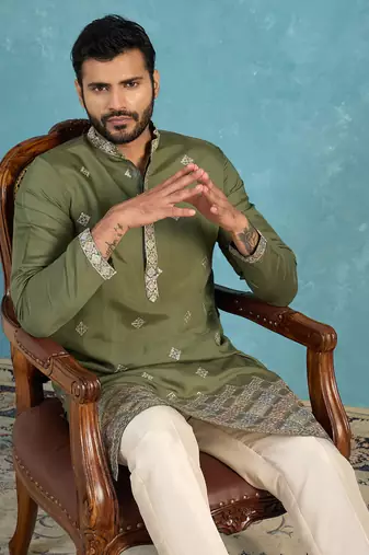 Mens silk blend green solid embroidered calf length straight kurta with trousers