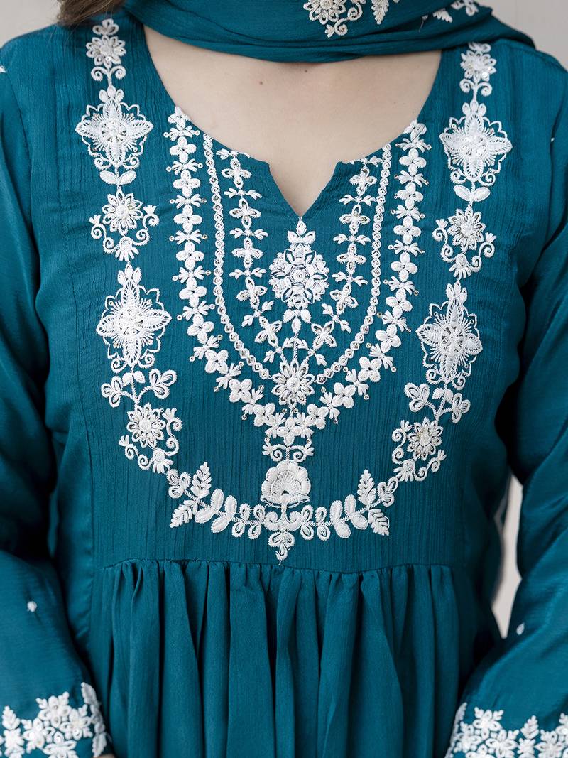 Women's Beautiful Embroidery Work Chinon Fabric Flared Anarkali Pant and Dupatta Set