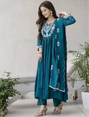 Women's Beautiful Embroidery Work Chinon Fabric Flared Anarkali Pant and Dupatta Set 3