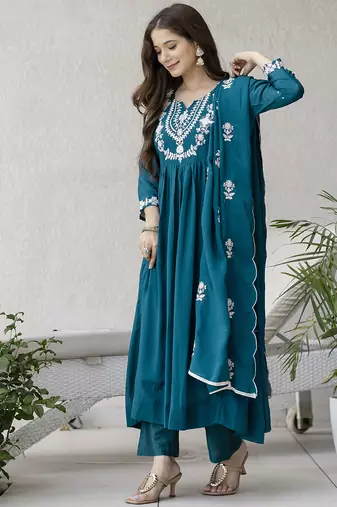 Women's Beautiful Embroidery Work Chinon Fabric Flared Anarkali Pant and Dupatta Set