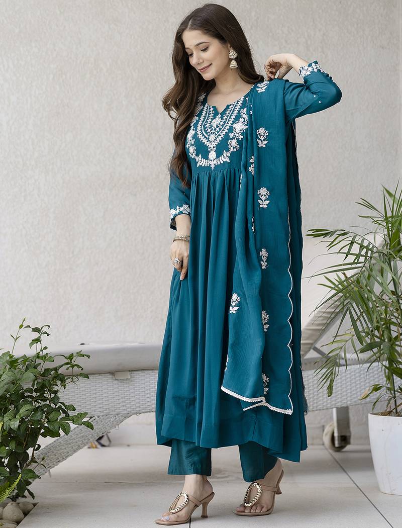 Women's Beautiful Embroidery Work Chinon Fabric Flared Anarkali Pant and Dupatta Set