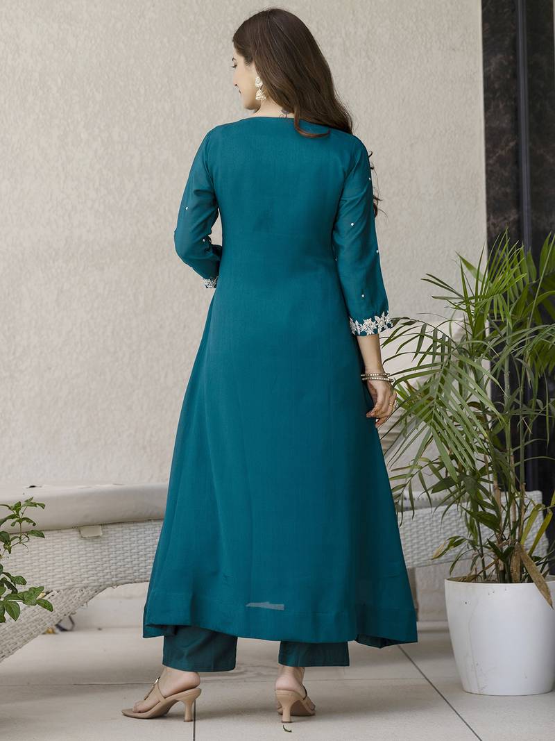 Women's Beautiful Embroidery Work Chinon Fabric Flared Anarkali Pant and Dupatta Set