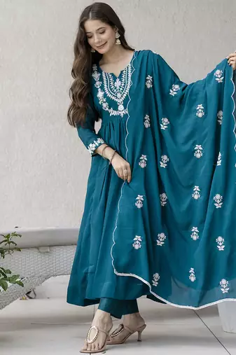 Women's Beautiful Embroidery Work Chinon Fabric Flared Anarkali Pant and Dupatta Set