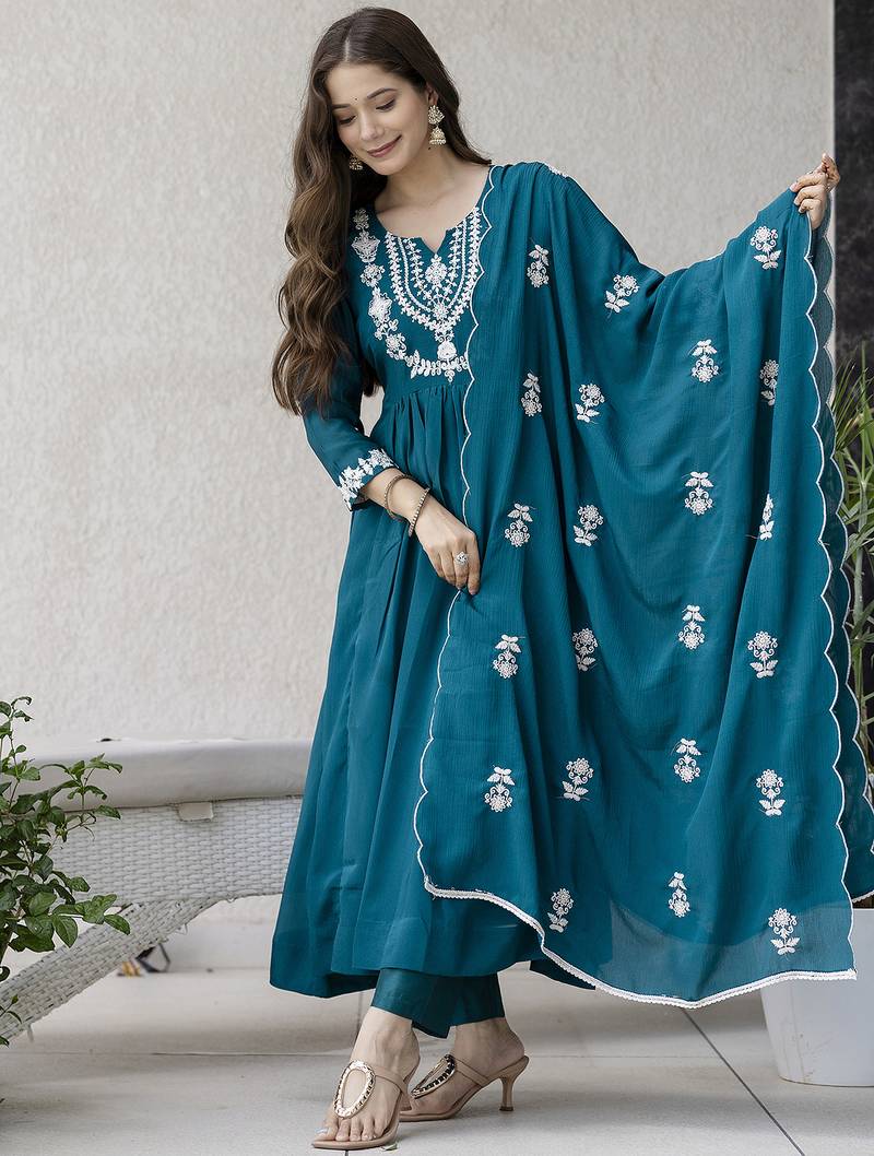 Women's Beautiful Embroidery Work Chinon Fabric Flared Anarkali Pant and Dupatta Set