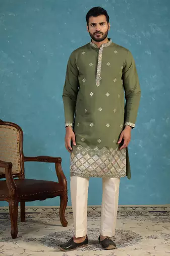 Mens silk blend green solid embroidered calf length straight kurta with trousers