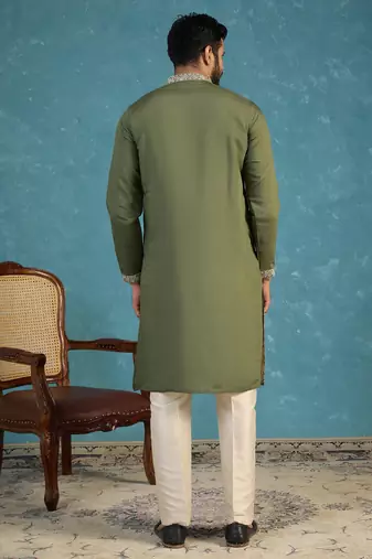 Mens silk blend green solid embroidered calf length straight kurta with trousers