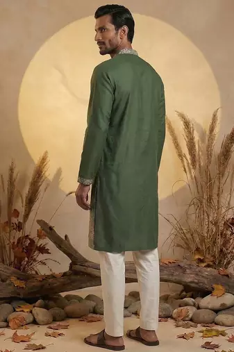 Mens silk blend green solid embroidered calf length straight kurta with trousers