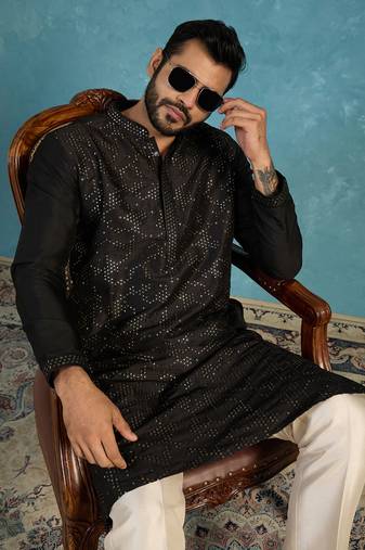 Mens silk blend black solid embroidered calf length straight kurta with trousers