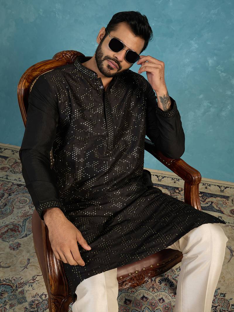 Mens silk blend black solid embroidered calf length straight kurta with trousers