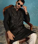 Mens silk blend black solid embroidered calf length straight kurta with trousers