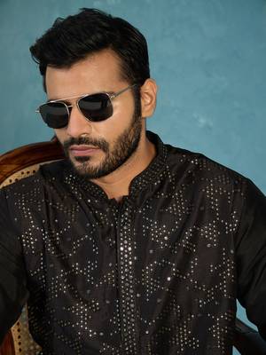 Mens silk blend black solid embroidered calf length straight kurta with trousers 2