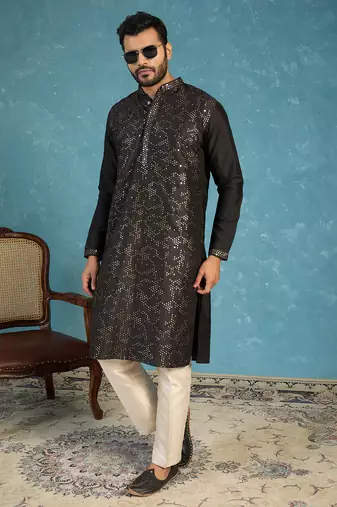 Mens silk blend black solid embroidered calf length straight kurta with trousers