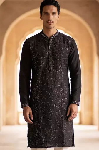 Mens silk blend black solid embroidered calf length straight kurta with trousers