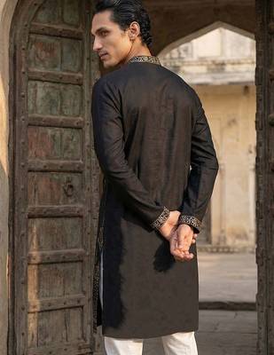 Mens silk blend black solid embroidered calf length straight kurta with trousers 4