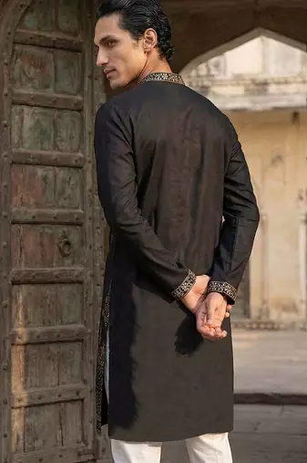 Mens silk blend black solid embroidered calf length straight kurta with trousers