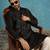 Mens silk blend black solid embroidered calf length straight kurta with trousers