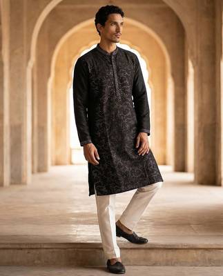 Mens silk blend black solid embroidered calf length straight kurta with trousers 5