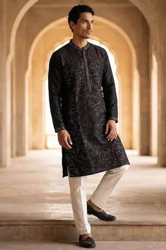 Mens silk blend black solid embroidered calf length straight kurta with trousers