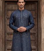 Mens silk blend green solid embroidered calf length straight kurta with trousers
