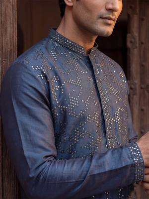 Mens silk blend green solid embroidered calf length straight kurta with trousers 3
