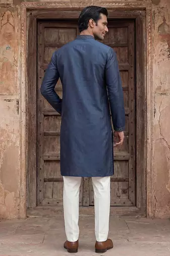 Mens silk blend green solid embroidered calf length straight kurta with trousers