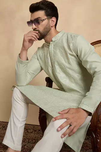 Mens silk blend green solid embroidered calf length straight kurta with trousers