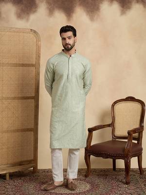 Mens silk blend green solid embroidered calf length straight kurta with trousers 2