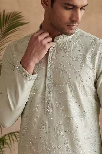 Mens silk blend green solid embroidered calf length straight kurta with trousers