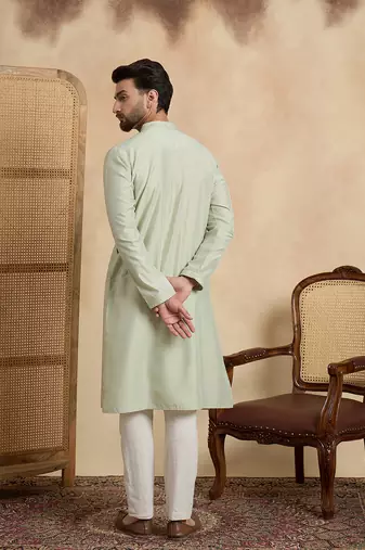 Mens silk blend green solid embroidered calf length straight kurta with trousers