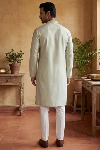 Mens silk blend green solid embroidered calf length straight kurta with trousers
