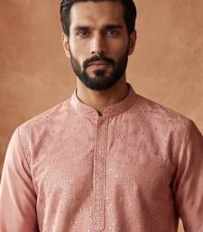 Mens silk blend peach solid embroidered calf length straight kurta with trousers