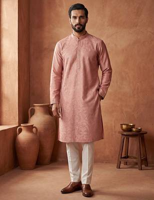 Mens silk blend peach solid embroidered calf length straight kurta with trousers 1