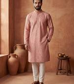 Mens silk blend peach solid embroidered calf length straight kurta with trousers