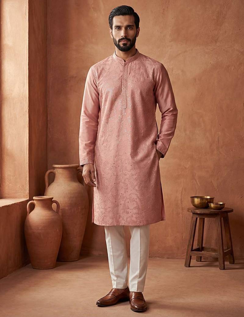 Mens silk blend peach solid embroidered calf length straight kurta with trousers