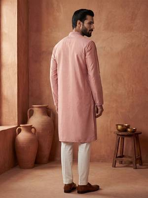 Mens silk blend peach solid embroidered calf length straight kurta with trousers 5