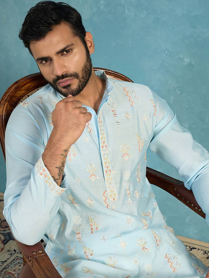 Mens silk blend blue solid embroidered calf length straight kurta with trousers