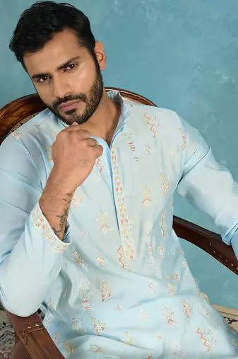 Mens silk blend blue solid embroidered calf length straight kurta with trousers