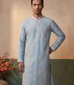 Mens silk blend blue solid embroidered calf length straight kurta with trousers