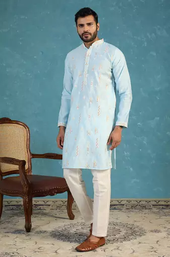 Mens silk blend blue solid embroidered calf length straight kurta with trousers