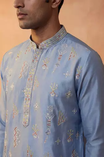 Mens silk blend blue solid embroidered calf length straight kurta with trousers