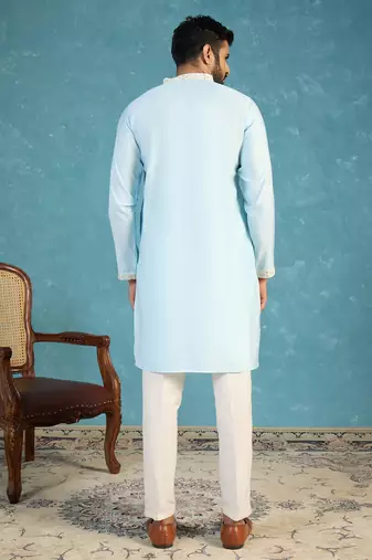 Mens silk blend blue solid embroidered calf length straight kurta with trousers