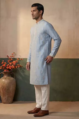 Mens silk blend blue solid embroidered calf length straight kurta with trousers
