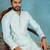 Mens silk blend blue solid embroidered calf length straight kurta with trousers