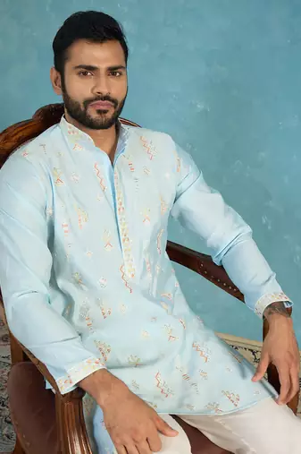 Mens silk blend blue solid embroidered calf length straight kurta with trousers