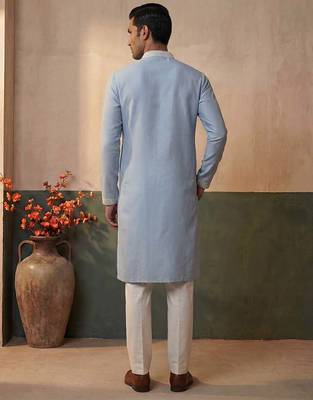 Mens silk blend blue solid embroidered calf length straight kurta with trousers 5