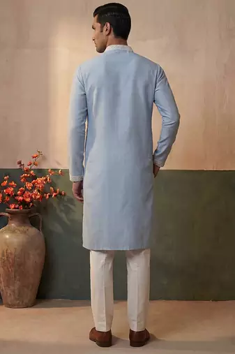Mens silk blend blue solid embroidered calf length straight kurta with trousers
